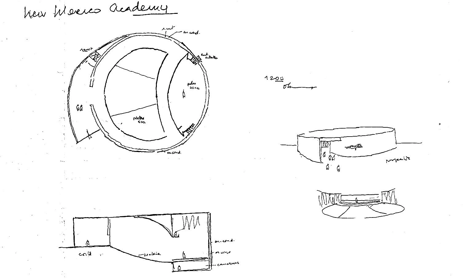 Complete architectural concept drawing showing the circular floor plan, section, exterior and interior of a performing arts venue