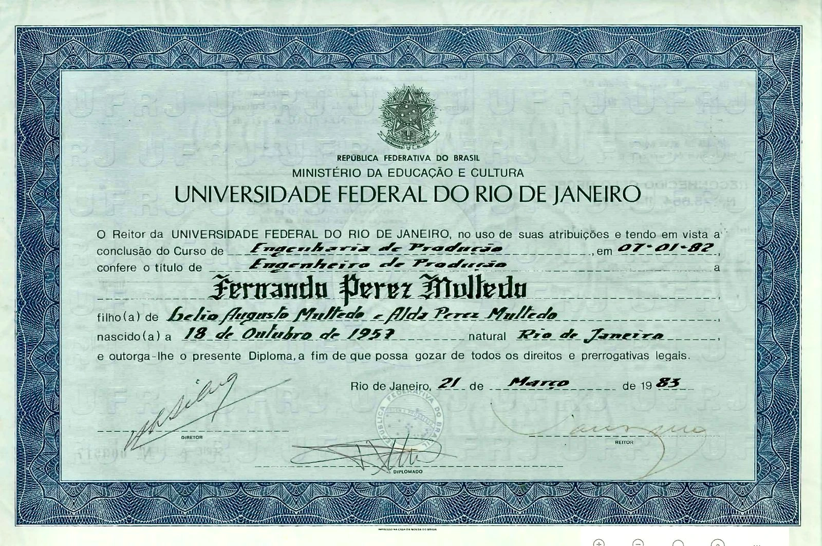Industrial Engineering diploma from Universidade Federal do Rio de Janeiro for Fernando Perez Multedo