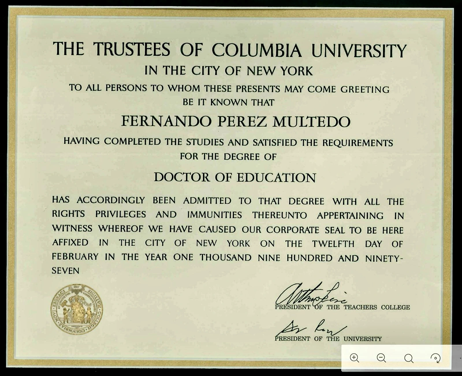 Doctor of Education diploma from Columbia University for Fernando Perez Multedo