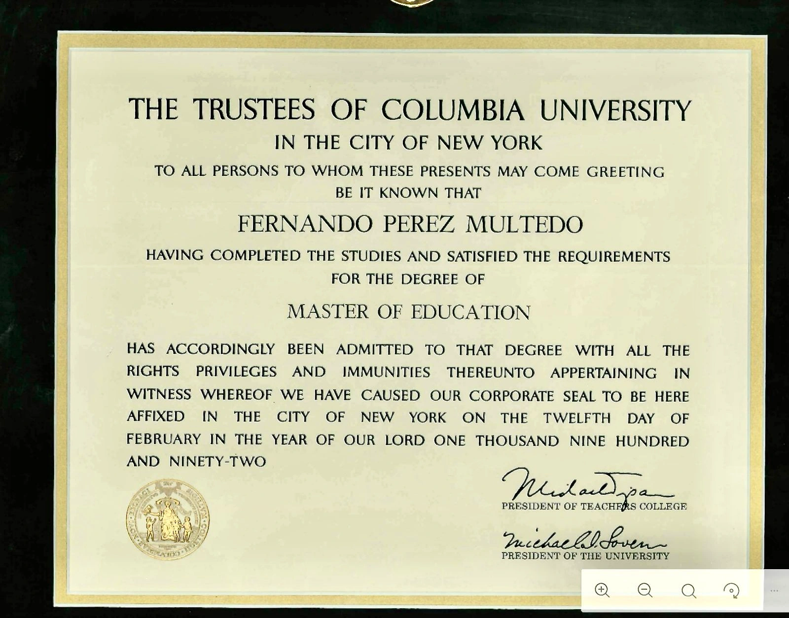 Master of Education diploma from Columbia University for Fernando Perez Multedo